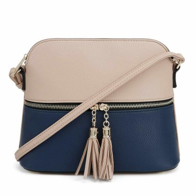 AM3031P-BEIGE/NAVY DOME VEGAN LEATHER CROSSBODY BAG